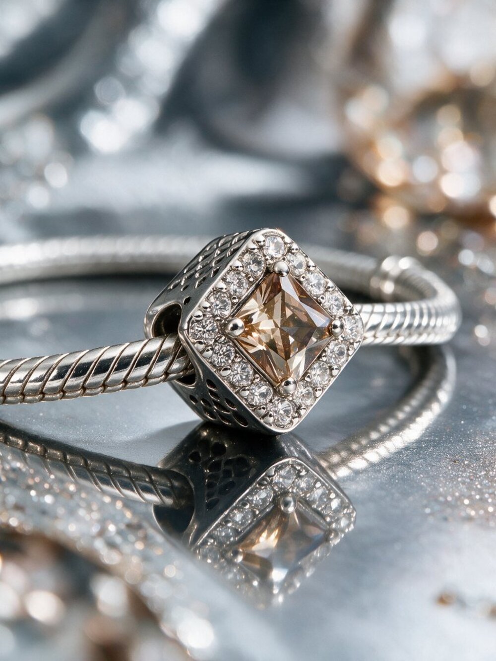 Champagne Square CZ Halo Charm